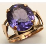 Yellow Metal Ring set with Large Amethyst (tests 9ct) size O weight 4.4 grams