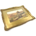 Framed and glazed watercolour of a rural landscape with the figure of a girl feeding cows and