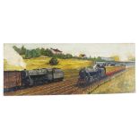 Railway interest. Painting on board, circa 1950s, depicting two steam trains, one numbered '