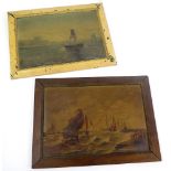Two unsigned marine oil on canvas, depicting boats & ships, framed, total size 45.5cm x 62.5cm and