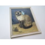 Gear (Mabel, 1900-1997). Watercolour depicting a siamese cat with blue bow & bell, signed and