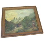 Oil on Canvas, circa 19th century, depicting a European alps scene with mountains in the