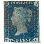 GB - 1840 two pence blue Plate 2 (T-L) var.f (cancelled by red MX) three margins, clean reverse,