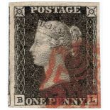 GB - 1840 Penny Black Plate 6 (B-L) with four large margins, no thins or creases, cancelled with red