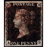 GB - 1840 Penny Black Plate 6 (A-B) four margins, red MX, no thins or creases, fine used, cat £350