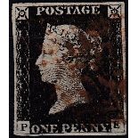 GB - 1840 Penny Black Plate 2 (P-E) four margins, fine used, no creases, but thin patch s/w