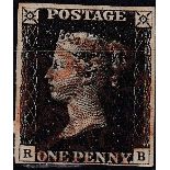 GB - 1840 Penny Black Plate 6 (R-B) four margins, paper adhered to back, red MX, cat £350
