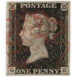 GB - 1840 Penny Black Plate 2 (Q-E) fine used four margins, no creases, but thin l/h side, cat £350