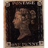 GB - 1840 Penny Black Plate 2 (R-B) four margins, tied to large piece, Wymondham undated circular