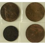 GB Bronze (4): Halfpenny 1865 VF, Pennies: 1901 EF, 1906 lustrous AU, and 1909 aEF