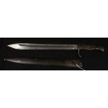 A WW1 Butcher bayonet by W. Holler. Solingen and dated for 1915. In its steel scabbard. A good