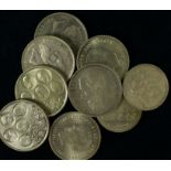 Belgian Silver (10) large denomination 19th-20thC mixed grade.