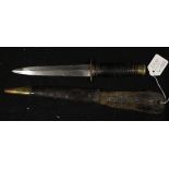 A British WW2 fighting knife by 'TAYLOR WITNESS SHEFFIELD ENGLAND'. D/E blade 6.5" leather grip.