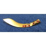 Jewellery, a gold metal brooch in the form of a Ghurka's kukri knife with purple decoration (vg) (