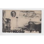 Postcard, Aviation, b&w printed card showing animated street scene possibly outside large railway