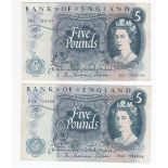 Banknotes, two Bank of England £5 notes, both Hollom, B43 716508 (F) & B91 195124 (VF) (2)