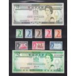 Banknotes/stamps, P. Jones Collection, small selection inc. Fiji 1 & 2 dollar bills, stamps, New