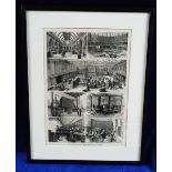 Breweriana, a framed and glazed b&w print showing multi-views of Gilbey's Gin Distillery, London,