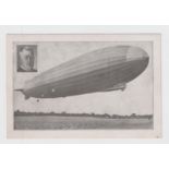 Postcard, Aviation, b&w printed card showing Graf Zeppelin LZ 127 in flight with inset portrait of