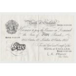 Banknote, Bank of England white £5 note, O'Brien, 12 October, 1955, no B03A 012139 (VF) (1)