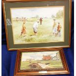 Golf, two framed prints, one showing putting scene by Douglas E. West (54cm x 72cm), the other a