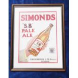 Breweriana, H. & G. Simonds, Reading, original watercolour artwork advertisement for 'Simonds 'SB'
