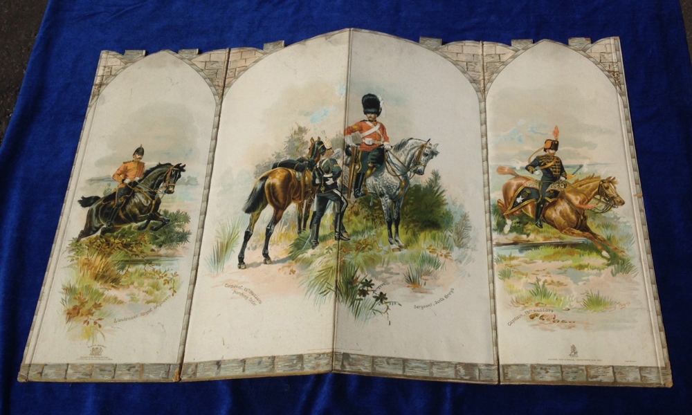 Military, Harry Payne, a scarce four panelled folding card screen in the shape of a castle,