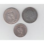 Coins, three GB coins, George 3rd Crown 1820 (F), Victoria Crown 1887 (VF) & Victorian Half Crown