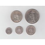 Coins, five Victorian silver coins, all 1887, Half Crown, Two Shillings, Shilling, Sixpence &