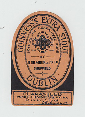 Beer label, Guinness's Extra Stout, D Gilmour & Co Ltd, Sheffield, scarce, 82mm high (vg) (1)