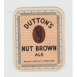 Beer label, Dutton's Nut Brown Ale, (v.r), background with thinner orange lines (sl hinge mark to