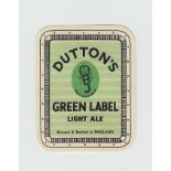Beer label, Dutton's Green Label Light Ale, (v.r), background with thicker green lines, (sl hinge