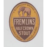 Beer label, Fremlin Bros, Elephant Brand, Half Crown Stout, v.o, (small piece of paper stuck to