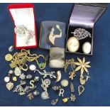 Collectables, Costume jewellery, selection inc. two cameo & various other brooches, gold metal