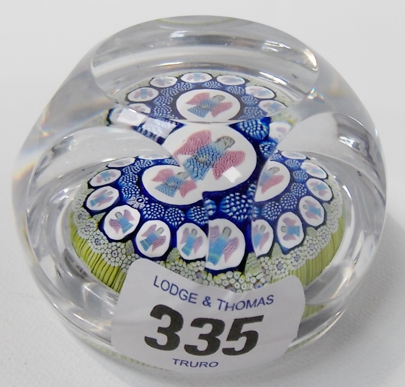 Whitefriars 1975 millefiori glass paperweight with faceted sides, No. 920, diameter 3'