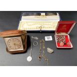 Collection of costume jewellery including a sterling silver square foliate pierced brooch, gold