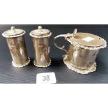 Victorian silver three piece cruet, with gadrooned rims, comprising hinge lidded mustard pot with
