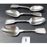 Set of 4 provincial silver fiddle pattern dessert spoons, maker RAM SEY, Exeter 1845, weight 7oz