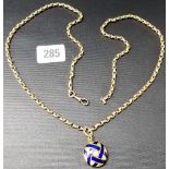 9ct gold Belcher link long guard chain, marked 9ct, applied with a gold and blue enamel split