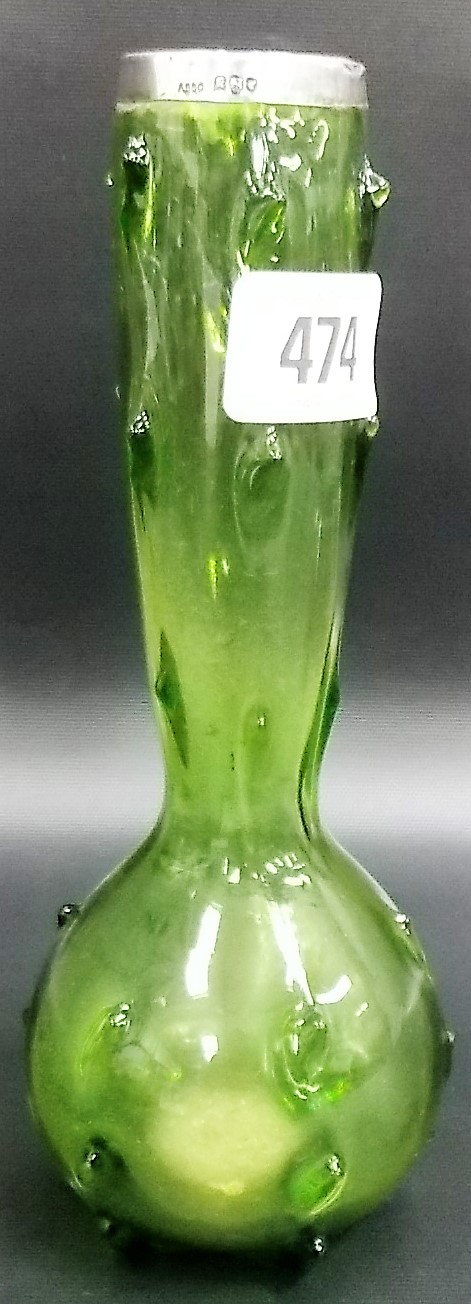 Edwardian green knopped glass bottle vase with silver applied rim, London 1905, height 8'