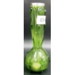 Edwardian green knopped glass bottle vase with silver applied rim, London 1905, height 8'