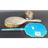 Art Deco silver and pale blue guilloche enamel hand mirror, Birmingham 1939, together with an