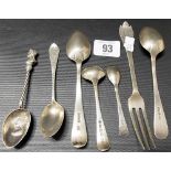 Silver cutlery including a Victorian Royal Commemorative teaspoon, a trifid handle fruit fork etc,