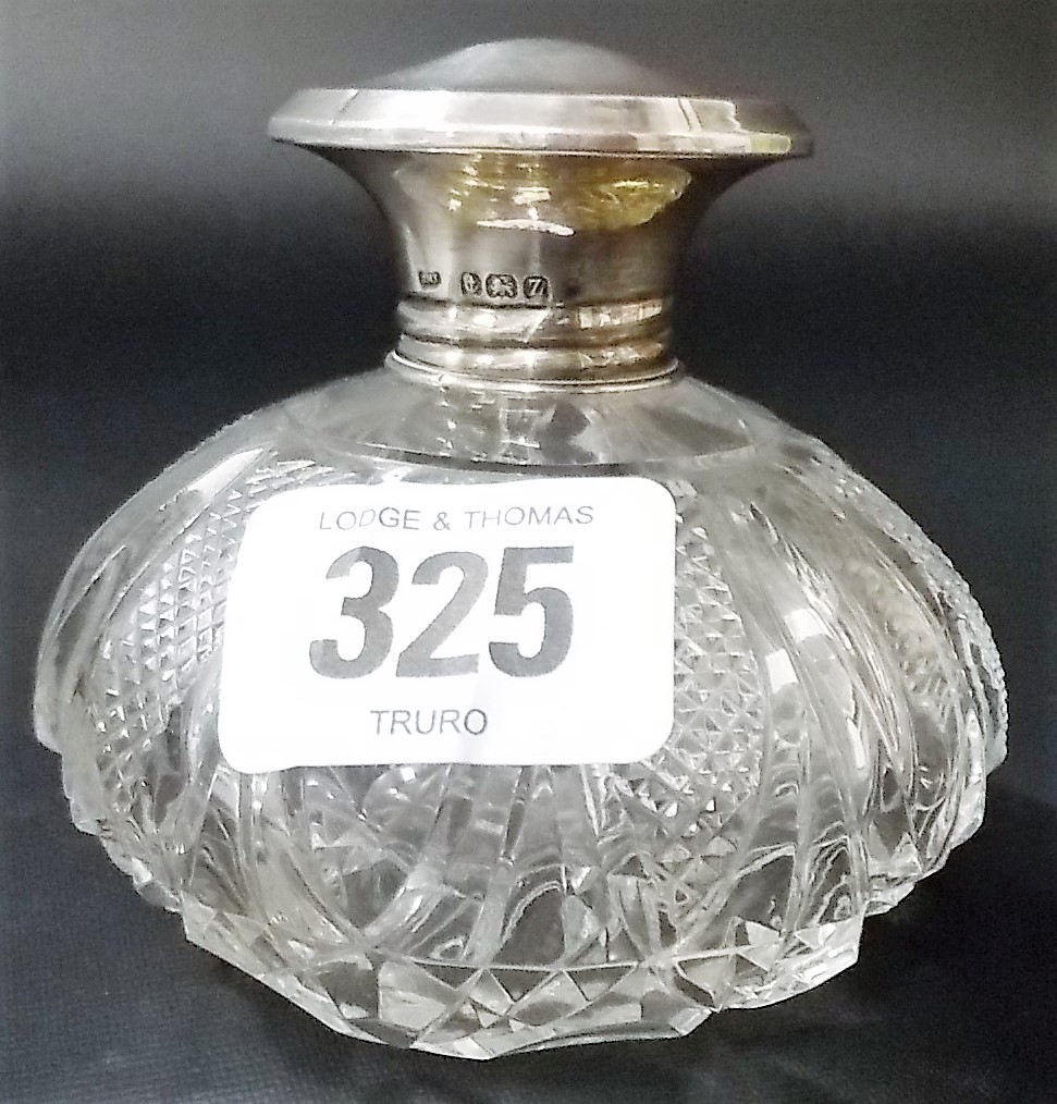 George V silver cut glass ovoid perfume bottle, Birmingham 1924, height 3'