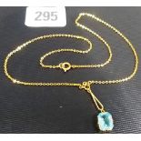 9ct gold cushion cut pale blue gemstone pendant drop necklace, weight 2.9g approx.