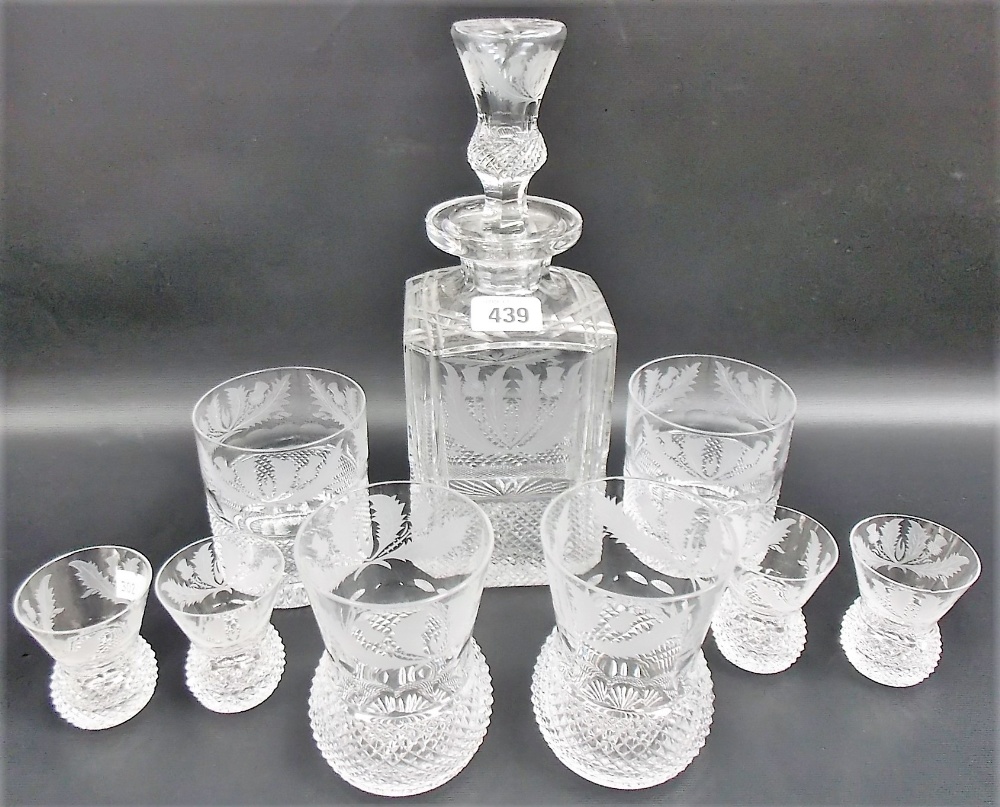 Edinburgh crystal thistle pattern whisky decanter and stopper together with a pair of whisky