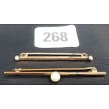 Two 9ct rose gold bar brooches, one set a pearl, weight 4.8g approx.