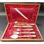 Early 20th Century Tiffany style good continental silver gilt five piece fish serving set, the