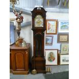 1930's oak cased three train long case clock, the brass arched dial with St. Michael, Westminster