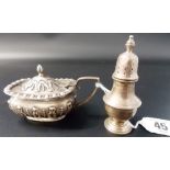 Edwardian silver lidded mustard pot with blue glass liner, together with a pedestal pepper shaker,